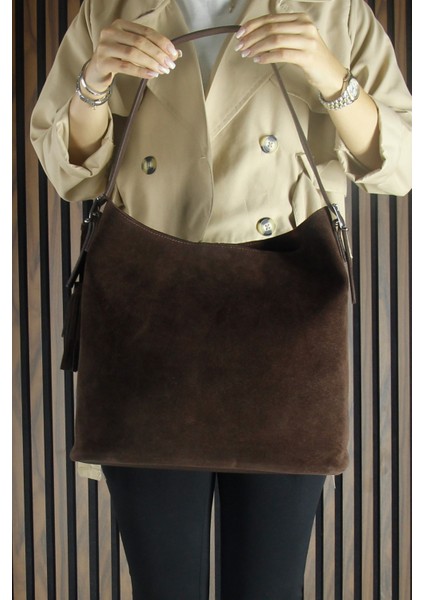 Kahve Hakiki Dana Süet Püsküllü Manyetik Kapaklı Büyük Boy Günlük Omuz Çantası ve El Çantası indirimleri