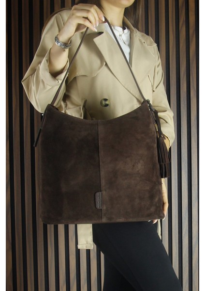 Kahve Hakiki Dana Süet Püsküllü Manyetik Kapaklı Büyük Boy Günlük Omuz Çantası ve El Çantası