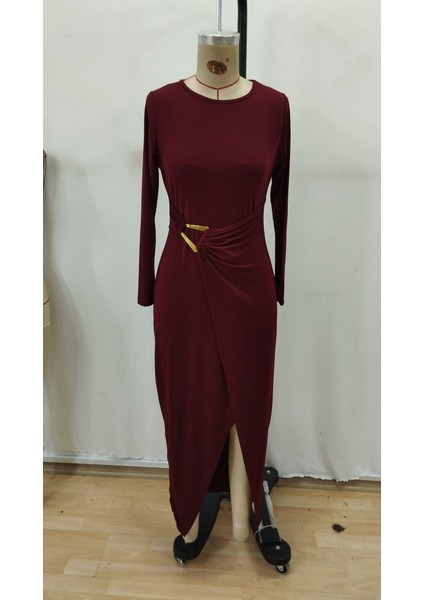 Kadın Uzun Kollu Önden Çapraz Detaylı Yandan Toka Detaylı Uzun Sandy Elbise indirimleri