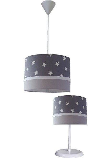 Gri Yıldızlı Gri 2.li Set M-0389 Kumaş Kaplama Genç ve Çocuk Odası Avize ve Abajur Takımı