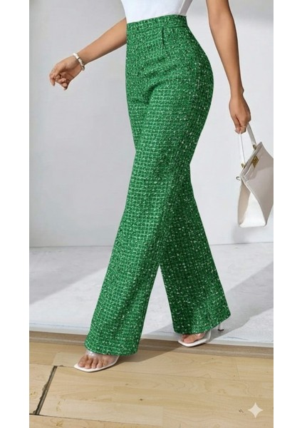 Kadın Yüksek Bel Paçaya Doğru Geniş Dokuma Pantolon