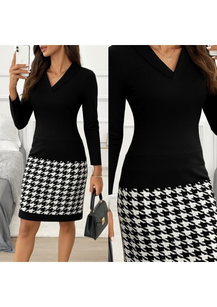 Kadın Uzun Kollu V Yaka Alt Tarafı Desenli Dalgıç Mini Boy Elbise modelleri