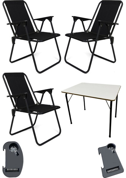 Litea 3 Adet Kamp Sandalyesi Katlanır Piknik Sandalye ve Bardaklık Siyah + Katlanır Mdf Masa