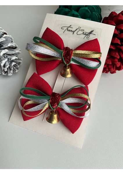 Kırmızı Yılbaşı Özel Tasarı Çanlı 2’li Fiyonk Klips Toka modelleri