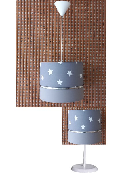 Gri Yıldızlı Gri 2.li Set M-0391 Kumaş Kaplama Genç ve Çocuk Odası Avize ve Abajur Takımı