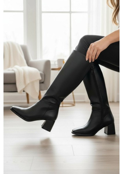 Siyah Uzun Fermuarlı Kare Burun Ince Taban Kadın Çizme fiyatları