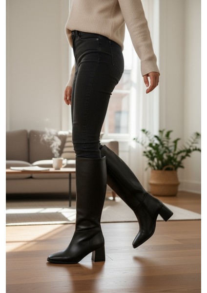 Siyah Uzun Fermuarlı Kare Burun Ince Taban Kadın Çizme fırsatları
