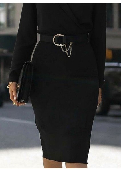 Kadın Uzun Kollu Kruvaze Yaka Janjan Krep Midi Elbise modelleri