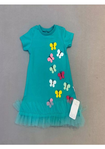 1-2-3 Yaş Renkli Kelebekler Nakışlı Eteği Fırfırlı Jile Çocuk Elbisesi Turkuaz fiyatları