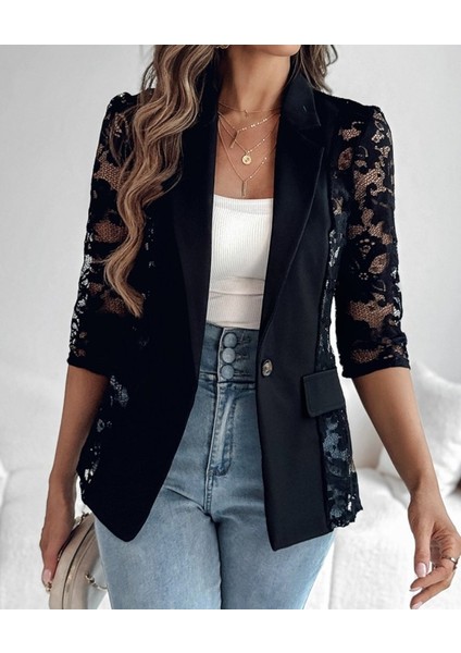 Kadın Uzun Kollu Truvakar Kol Önden Düğmeli Cepli Dantelli Atlas Ceket
