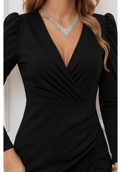 Kadın Uzun Kollu Kruvaze Yaka Kol Detaylı Ithal Krep Mini Elbise fiyatları