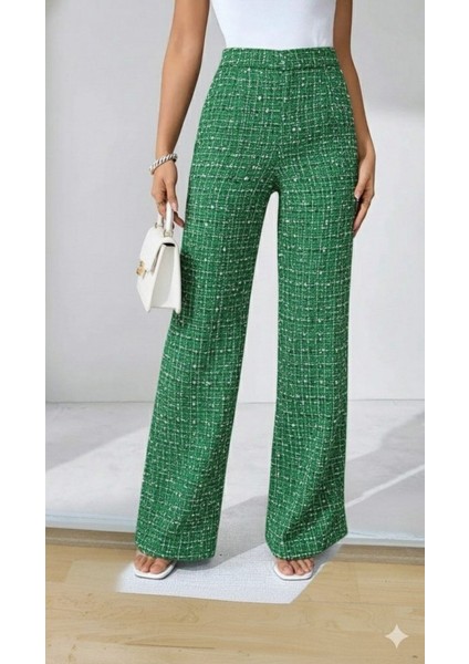 Kadın Yüksek Bel Paçaya Doğru Geniş Dokuma Pantolon fiyatları