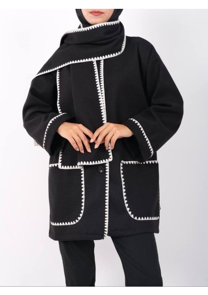 Önü Düğmeli Atkılı Cepli Ceket -Siyah