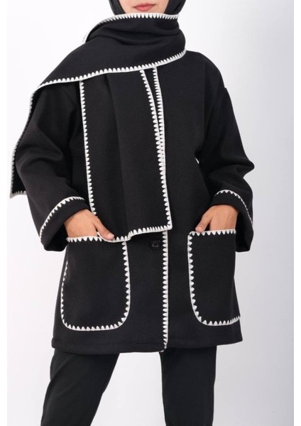 Önü Düğmeli Atkılı Cepli Ceket -Siyah fiyatları