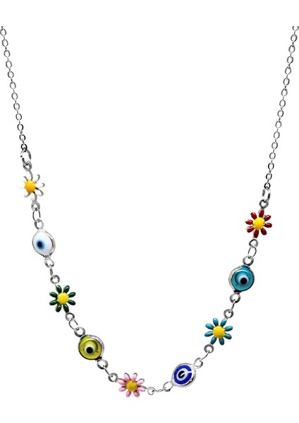 Gümüş Renk Metal Zincirli Çok Renkli Kır Çiçeği Nazar Boncuğu Detaylı Kadın Kolye