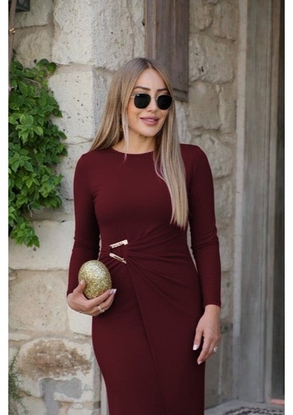 Kadın Uzun Kollu Önden Çapraz Detaylı Yandan Toka Detaylı Uzun Sandy Elbise fiyatları