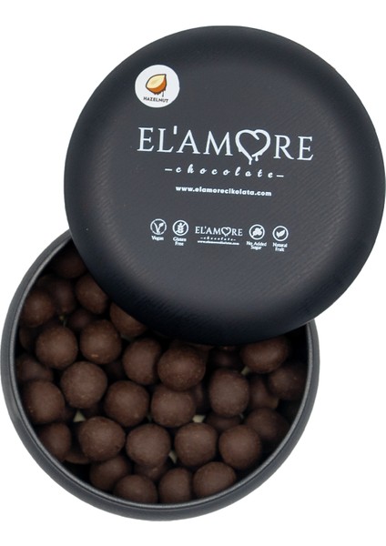 Şeker Ilavesiz, Glütensiz, Vegan Fındıklı Bitter Çikolata - Siyah Yuvarlak Metal Kutu, 150 gr