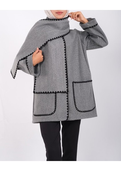 Önü Düğmeli Atkılı Cepli Ceket -Gri