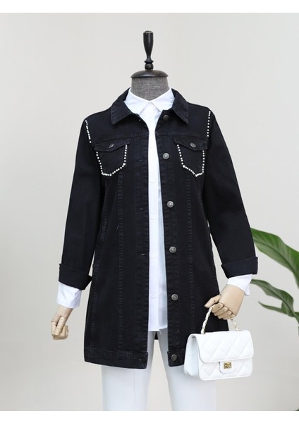 Cebi ve Omuzları Incili Random Yıkama Kot Ceket -Siyah fiyatları