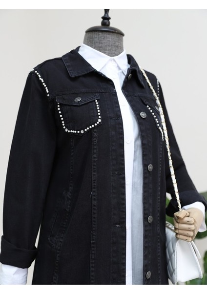 Cebi ve Omuzları Incili Random Yıkama Kot Ceket -Siyah modelleri
