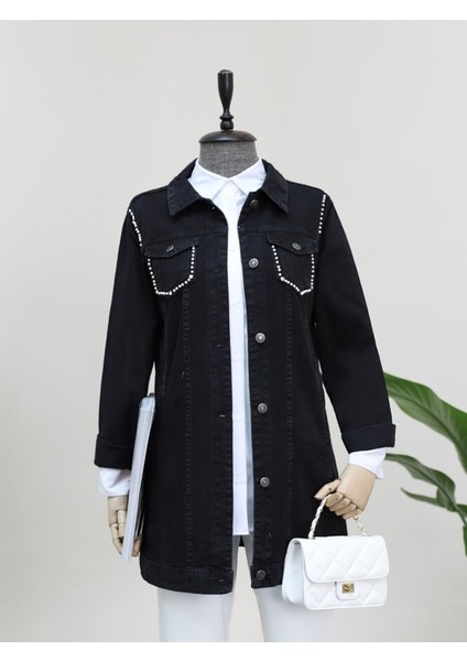 Cebi ve Omuzları Incili Random Yıkama Kot Ceket -Siyah fırsatları