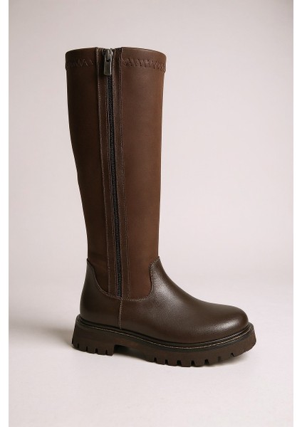 Kahverengi Ayarlanabilir Streçli Fermuarlı Kalın Taban Kadın Çizme