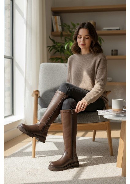 Kahverengi Ayarlanabilir Streçli Fermuarlı Kalın Taban Kadın Çizme fiyatları