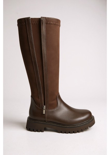 Kahverengi Ayarlanabilir Streçli Fermuarlı Kalın Taban Kadın Çizme modelleri