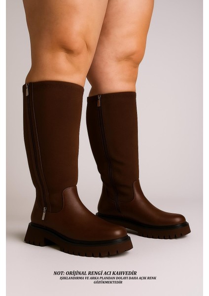 Kahverengi Ayarlanabilir Streçli Fermuarlı Kalın Taban Kadın Çizme fırsatları