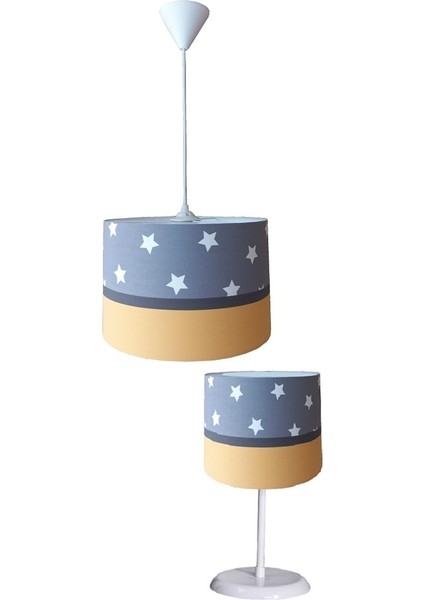 Gri Yıldızlı Sarı 2.li Set M-0388 Kumaş Kaplama Genç ve Çocuk Odası Avize ve Abajur Takımı