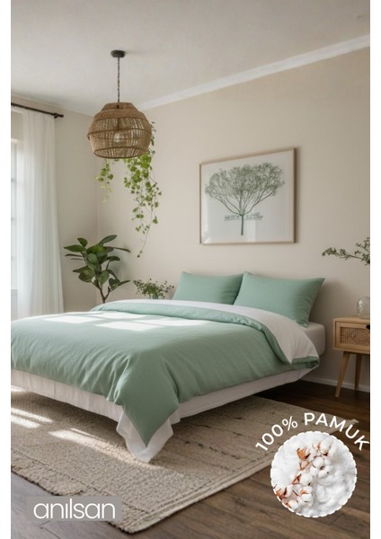 Düz Mint Yeşili King Ranforce Nevresim Seti %100 Pamuk(Nevresim+Yastık Kılıfı)