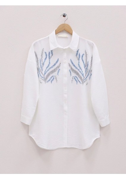 Önü Pul Payetli Uzun Gömlek -Beyaz