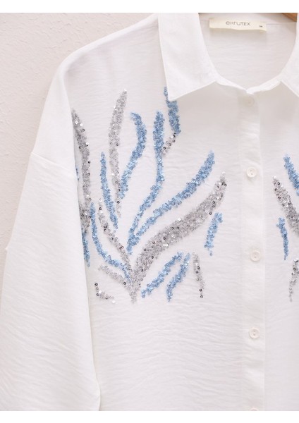 Önü Pul Payetli Uzun Gömlek -Beyaz fiyatları