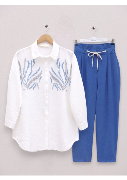 Önü Pul Payetli Uzun Gömlek -Beyaz modelleri