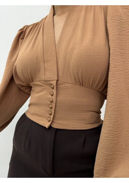 Düğmeli Arkası Lastikli Balon Kol Sandy Crop -Vizon fırsatları