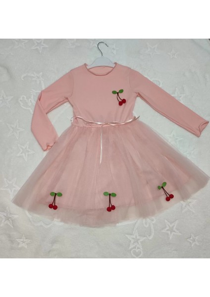 5-6-7 Yaş Kiraz Desenli Kurdela Kuşaklı Astarlı Uzun Kollu Kız Çocuk Tütü Elbise Somon fiyatları