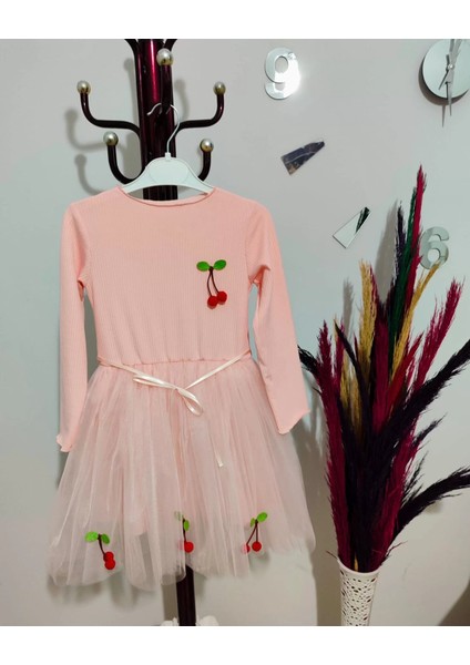 5-6-7 Yaş Kiraz Desenli Kurdela Kuşaklı Astarlı Uzun Kollu Kız Çocuk Tütü Elbise Somon fırsatları
