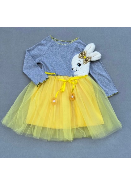 5-6-7 Yaş Pelüş Tavşan Desenli Kurdela Kuşaklı Astarlı Kız Çocuk Tütü Elbise Sarı