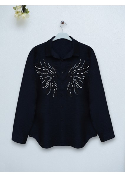 Taş ve Nakış Işlemeli Keten Gömlek -Siyah