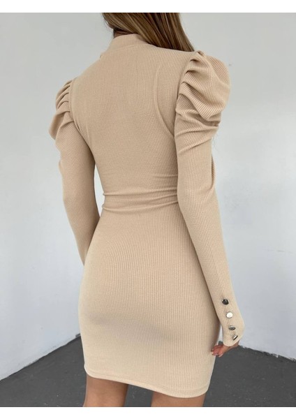 Prenses Omuz Kol Ucu Düğmeli Elbise -Bej modelleri