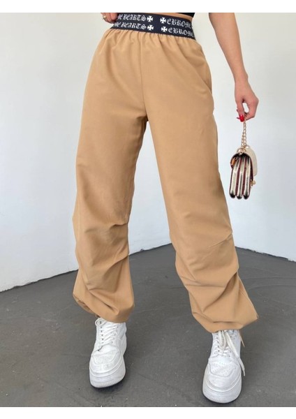 Beli Bantlı Paçası Lastikli Pantolon -Vizon
