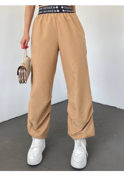 Beli Bantlı Paçası Lastikli Pantolon -Vizon fiyatları