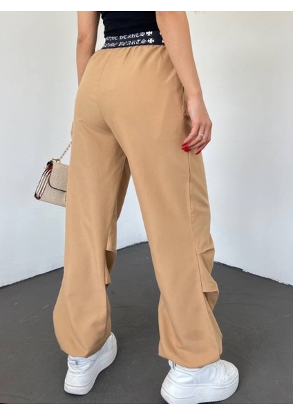 Beli Bantlı Paçası Lastikli Pantolon -Vizon modelleri