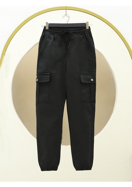 Beli ve Paçası Lastikli Bağcıklı Kargo Kot Pantolon -Siyah
