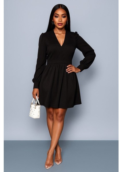 Kadın Uzun Kollu V Yaka Belden Hafif Pileli Scuba Krep Mini Boy Elbise