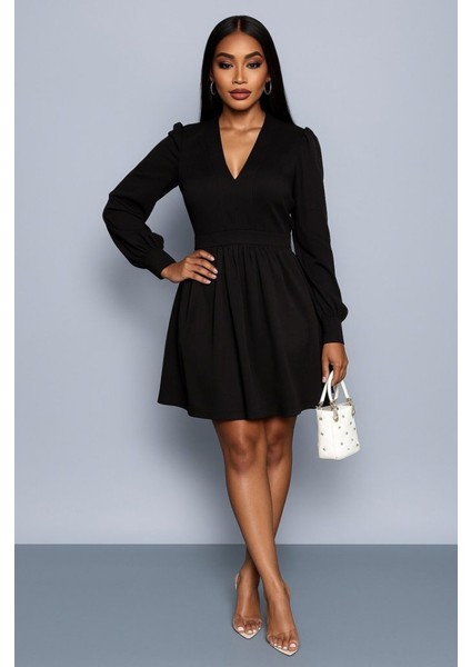 Kadın Uzun Kollu V Yaka Belden Hafif Pileli Scuba Krep Mini Boy Elbise fiyatları