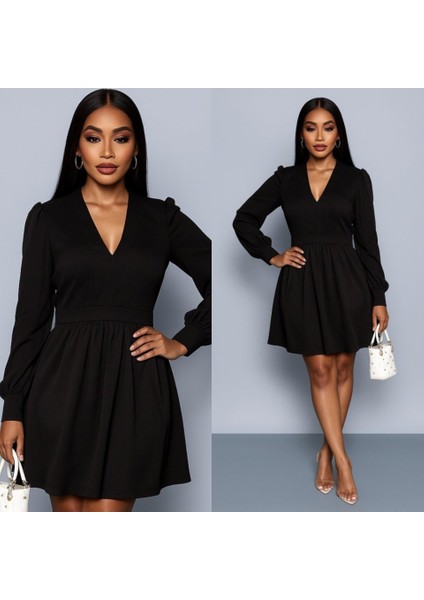 Kadın Uzun Kollu V Yaka Belden Hafif Pileli Scuba Krep Mini Boy Elbise modelleri