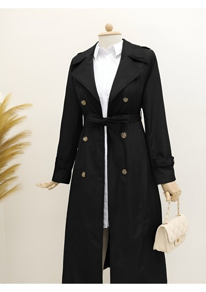Astarlı Kemerli Trenckot -Siyah