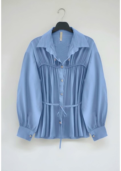 Robadan Büzgülü Beli Bağcıklı Gömlek -Bebe Mavi