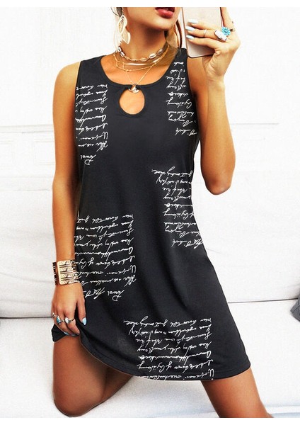 Kadın Kolsuz Halka Detay Mektup Desenli Mikro Elbise modelleri